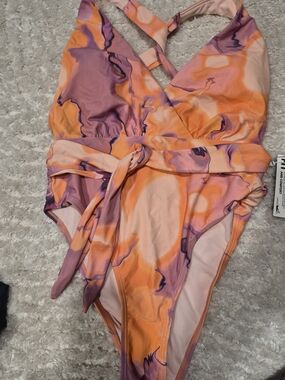 One-Piece Swimsuit in Orange & Pink Marble Print